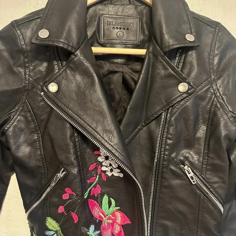 BLANKNYC - Girls Embroidered Floral Faux Leather Moto Jacket in Large